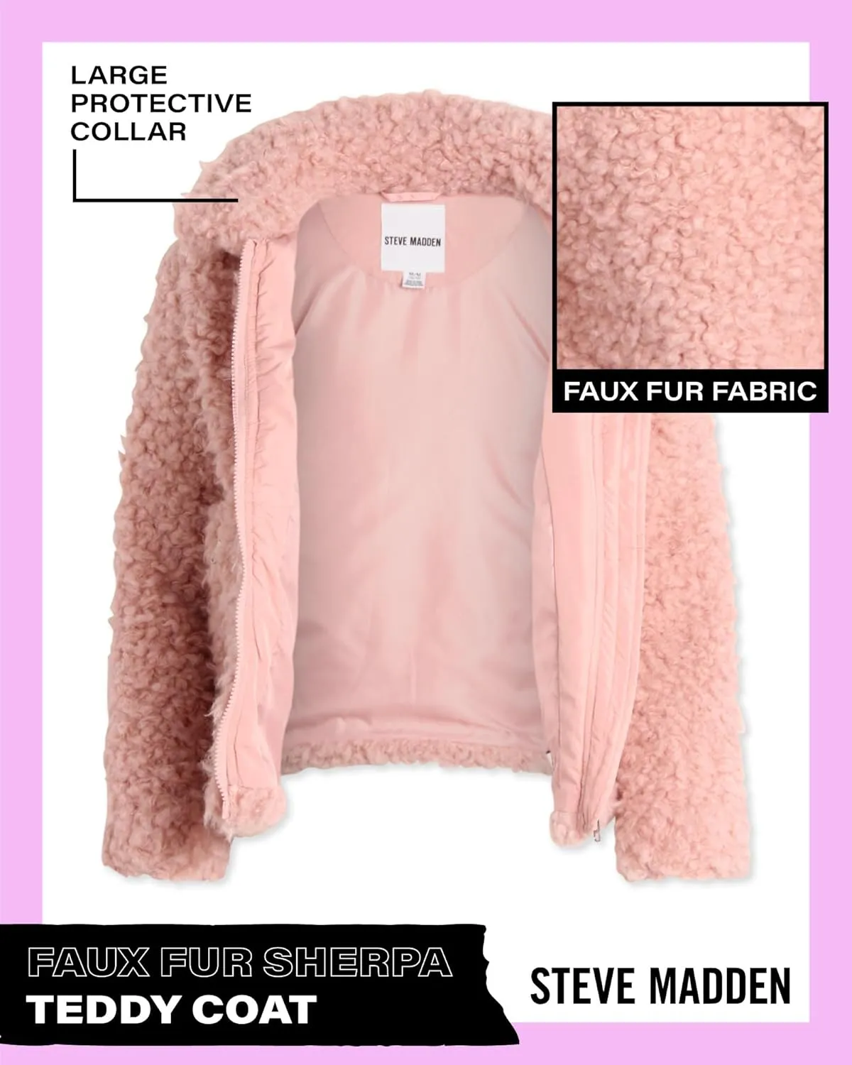 Steve Madden Girls' Jacket  Zip Up Sherpa Fleece Sweatshirt Jacket  Casual Teddy Coat for Girls (4-16)