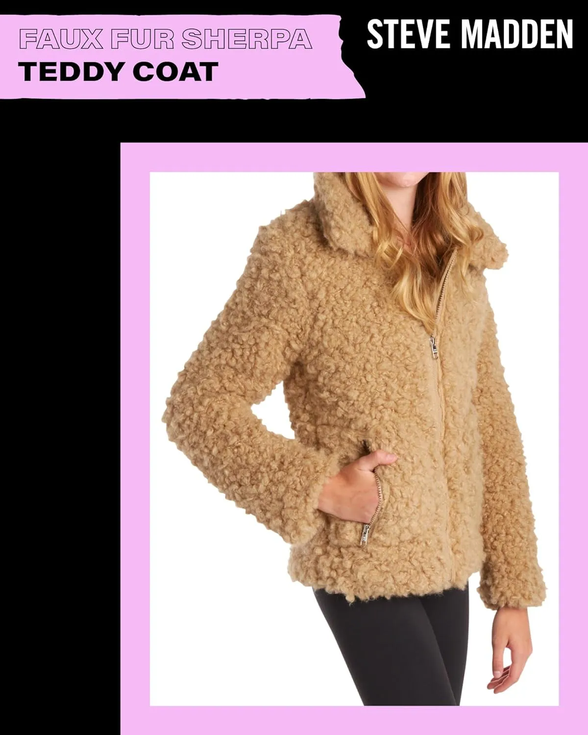 Steve Madden Girls' Jacket  Zip Up Sherpa Fleece Sweatshirt Jacket  Casual Teddy Coat for Girls (4-16)