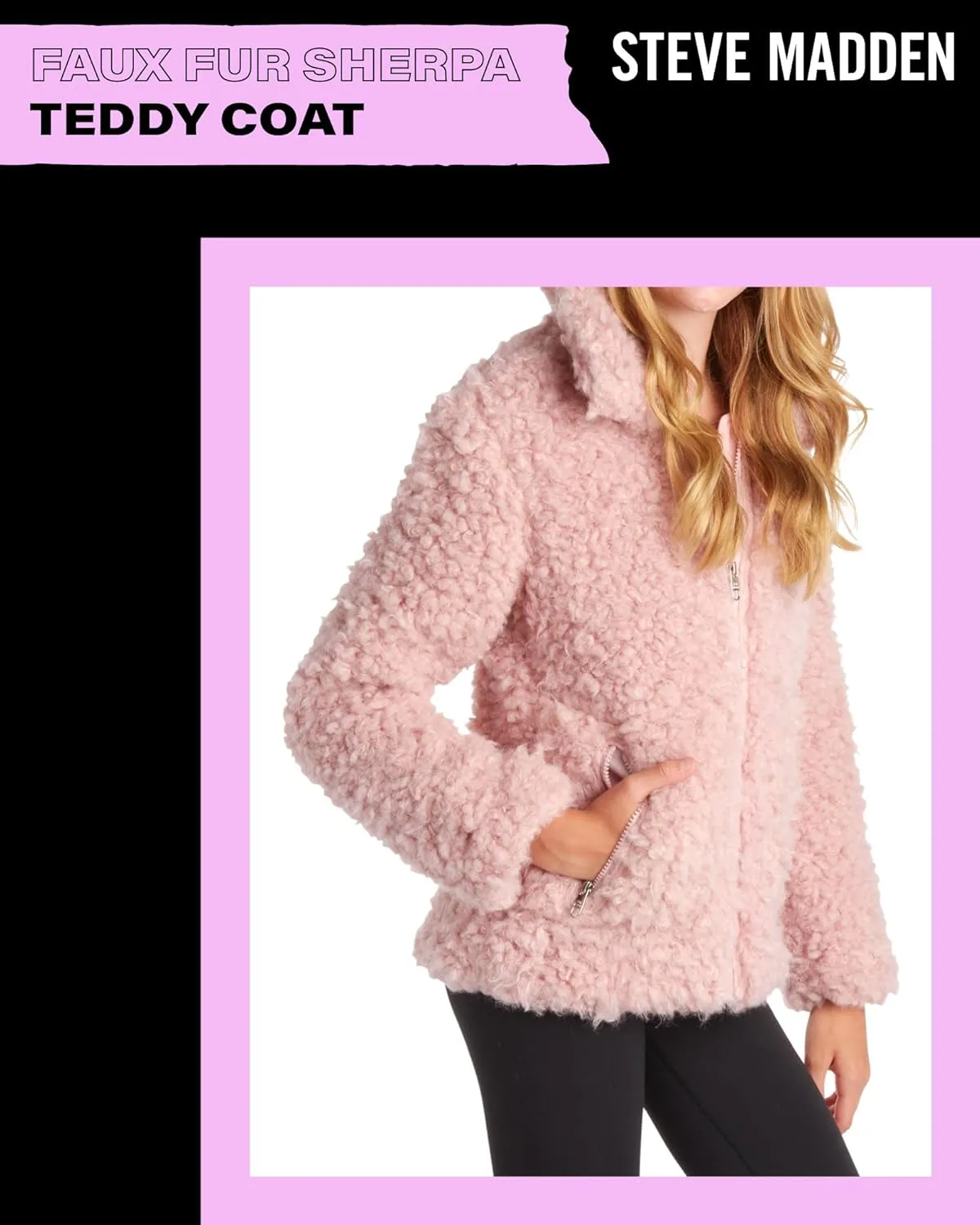 Steve Madden Girls' Jacket  Zip Up Sherpa Fleece Sweatshirt Jacket  Casual Teddy Coat for Girls (4-16)