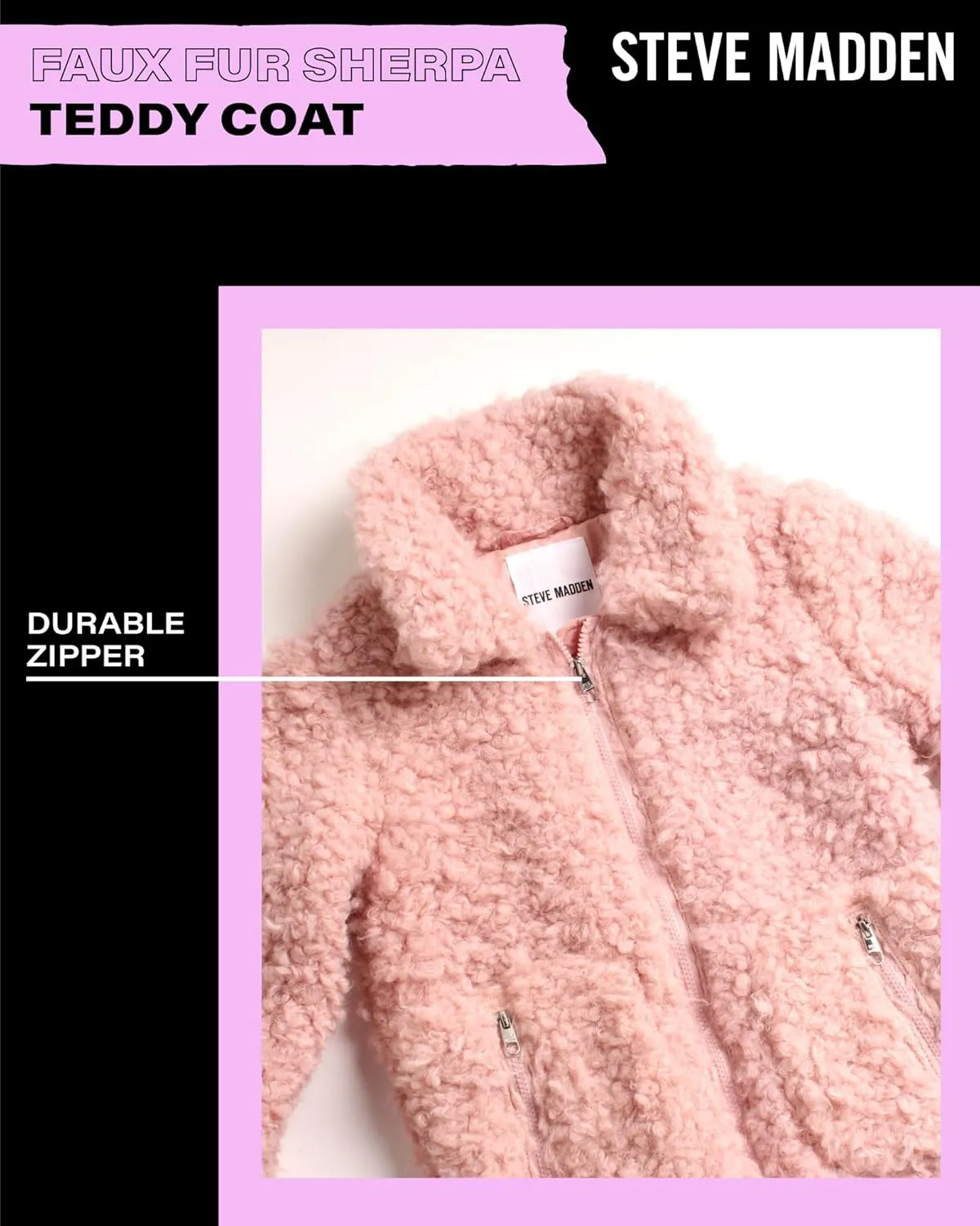 Steve Madden Girls' Jacket  Zip Up Sherpa Fleece Sweatshirt Jacket  Casual Teddy Coat for Girls (4-16)