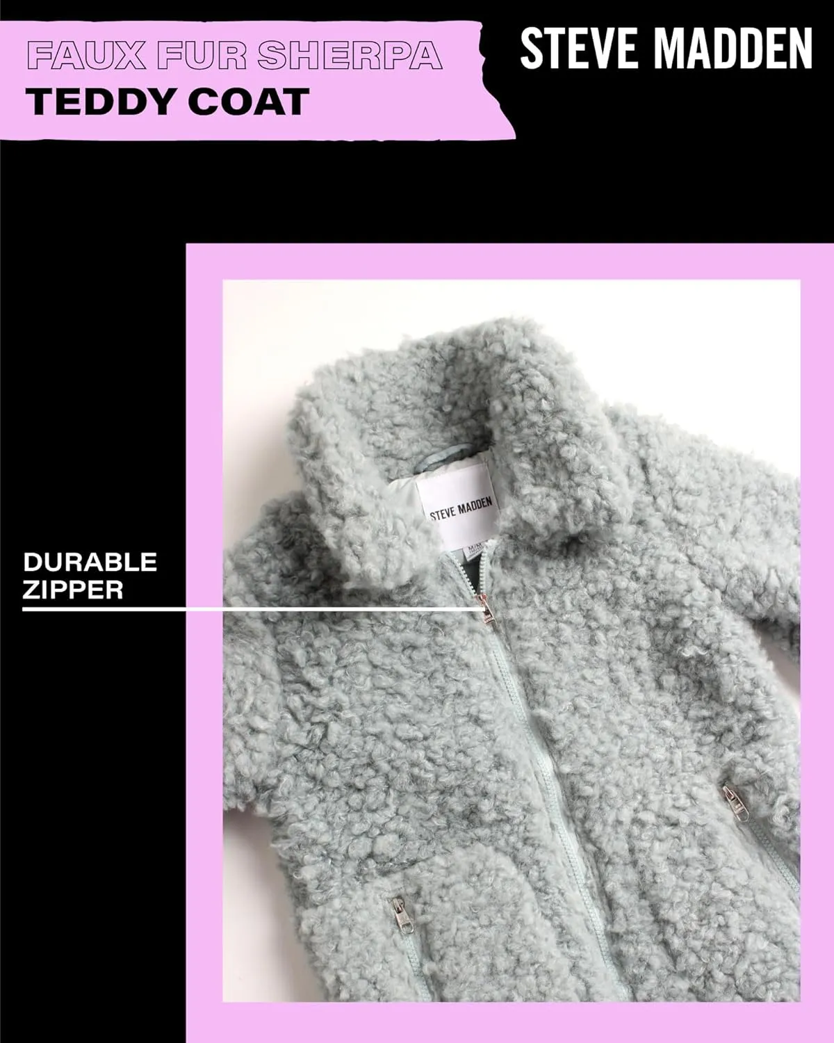 Steve Madden Girls' Jacket  Zip Up Sherpa Fleece Sweatshirt Jacket  Casual Teddy Coat for Girls (4-16)