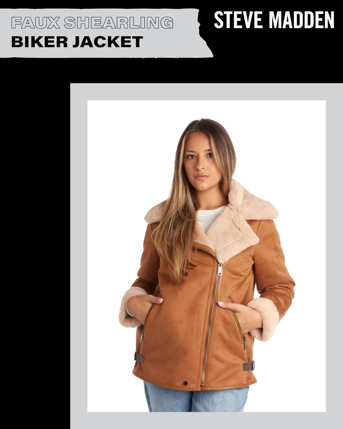 Steve Madden Women's Winter Coat - Faux Leather Moto Biker Jacket - Faux Shearling Lined Heavyweight Jacket for Women, S-XL