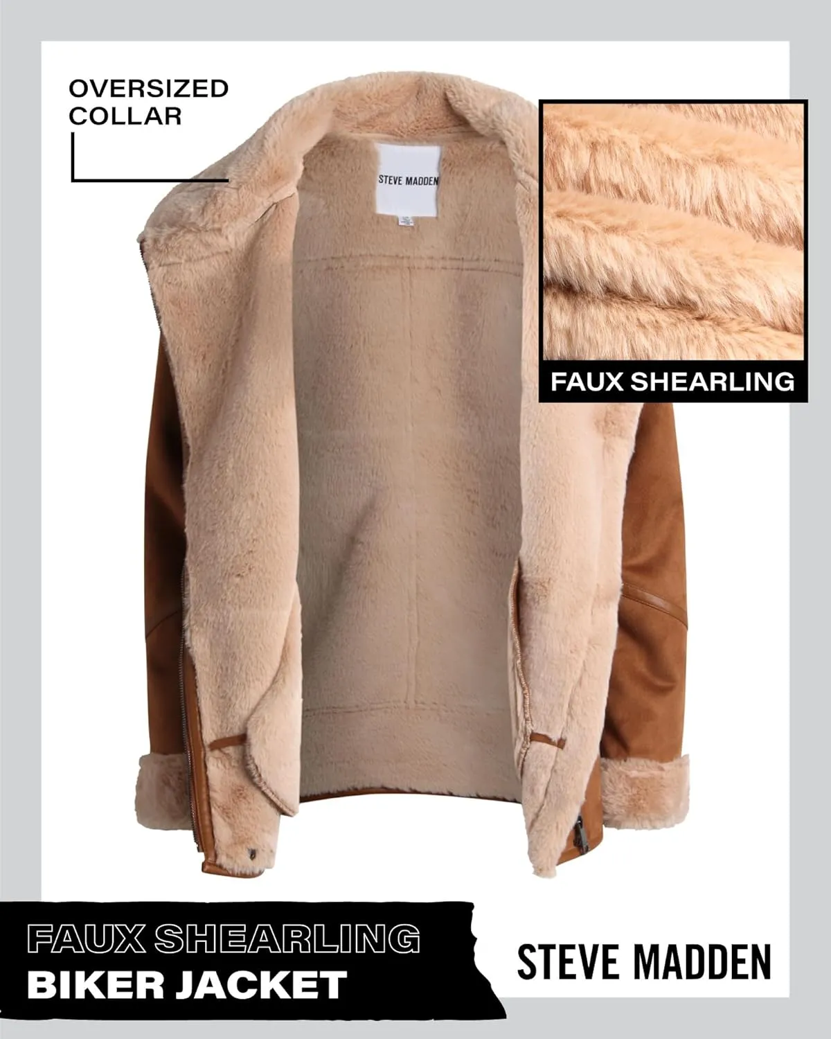 Steve Madden Women's Winter Coat - Faux Leather Moto Biker Jacket - Faux Shearling Lined Heavyweight Jacket for Women, S-XL