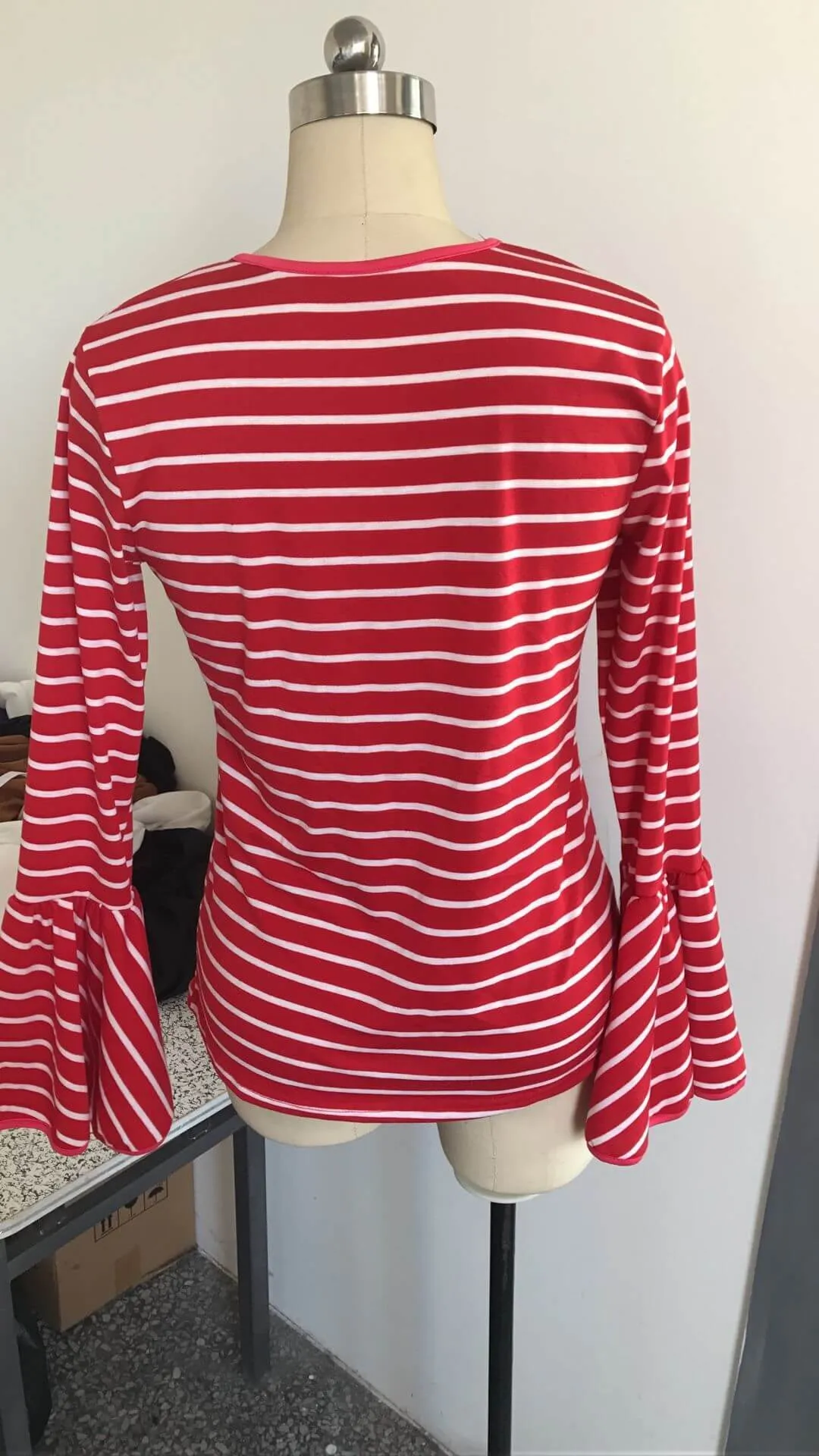Striped Long Trumpet Sleeves Regular Blouse