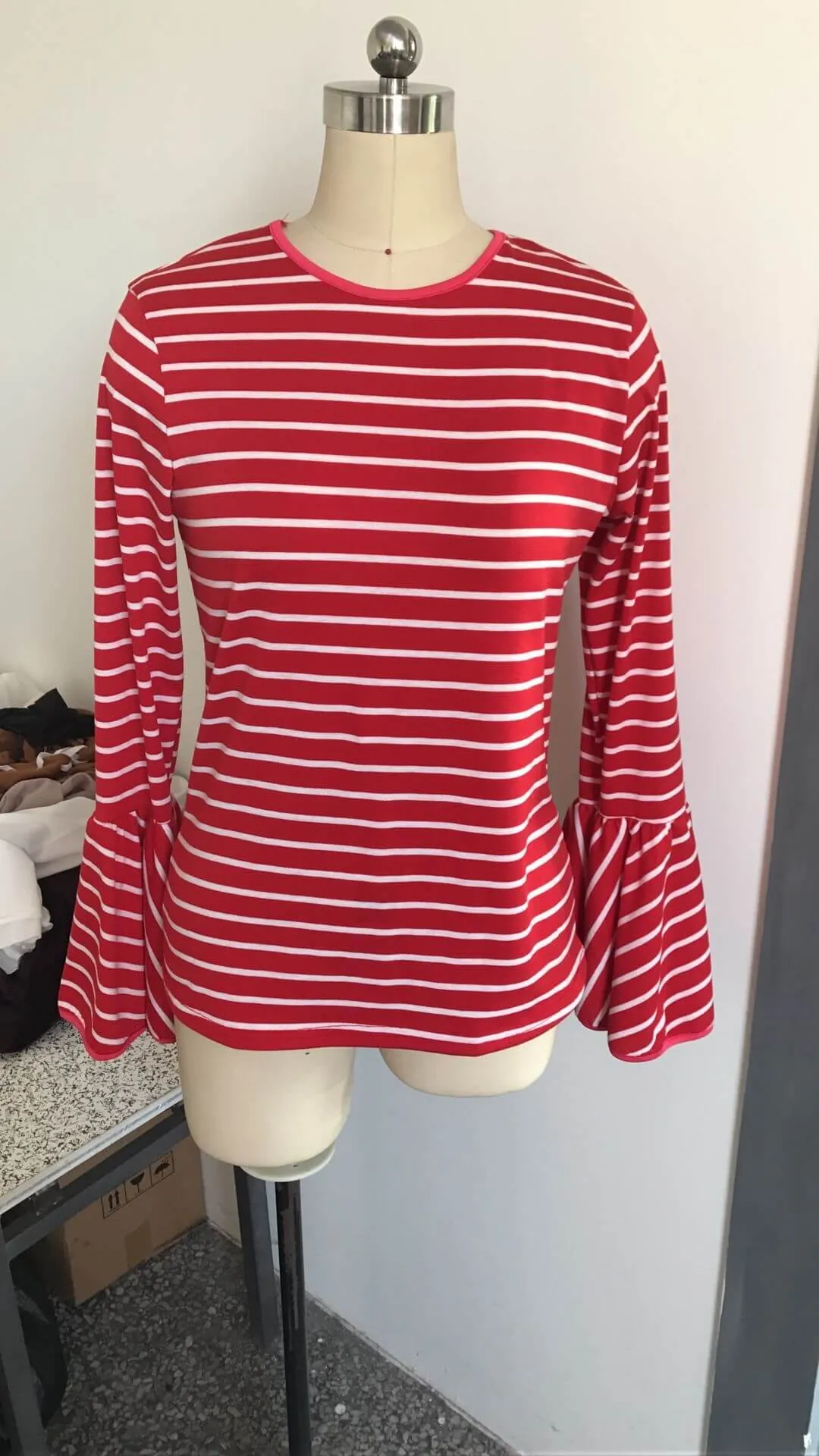 Striped Long Trumpet Sleeves Regular Blouse