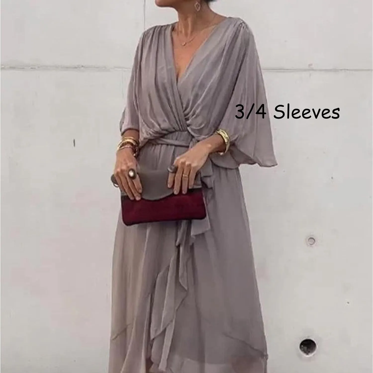 Stylish and Elegant V-Neck Tiered Chiffon Maxi Dress, Womens Solid Color Lace Up Long Skirt Bat Sleeve Irregular Dresses