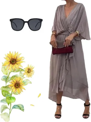 Stylish and Elegant V-Neck Tiered Chiffon Maxi Dress, Womens Solid Color Lace Up Long Skirt Bat Sleeve Irregular Dresses
