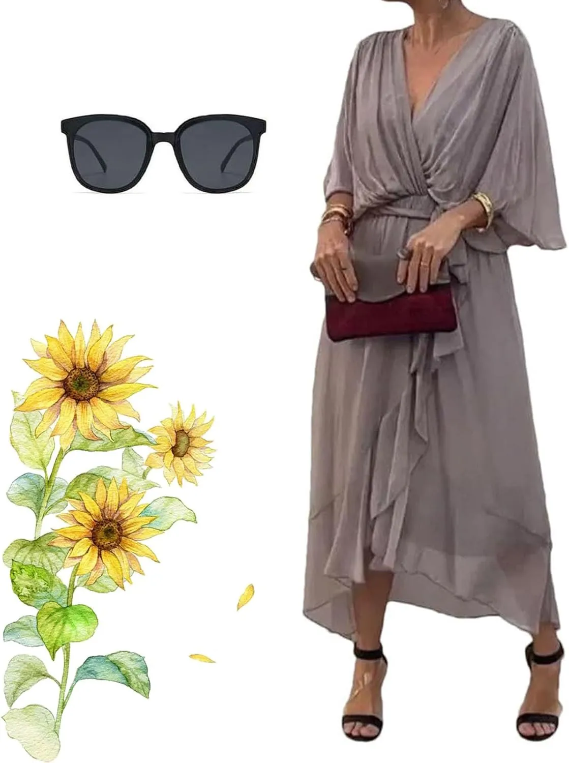 Stylish and Elegant V-Neck Tiered Chiffon Maxi Dress, Womens Solid Color Lace Up Long Skirt Bat Sleeve Irregular Dresses