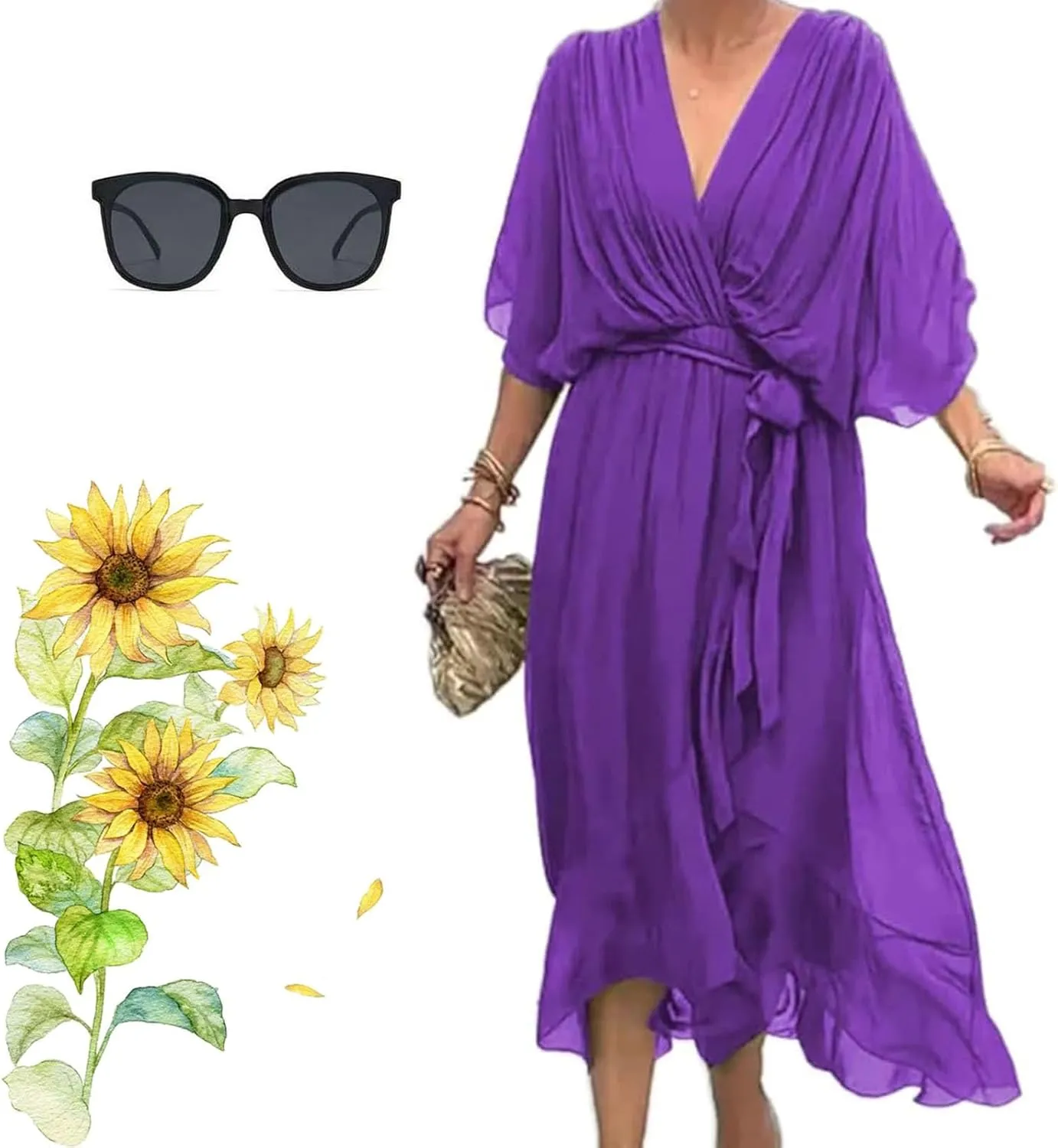 Stylish and Elegant V-Neck Tiered Chiffon Maxi Dress, Womens Solid Color Lace Up Long Skirt Bat Sleeve Irregular Dresses