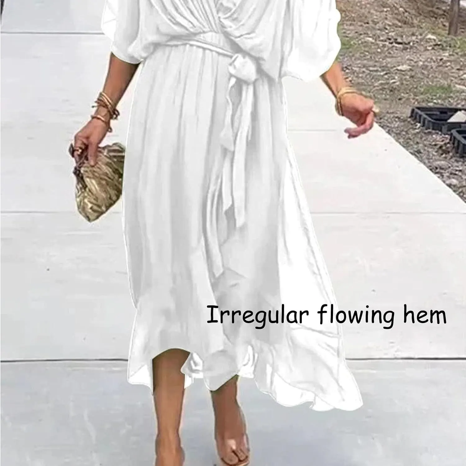 Stylish and Elegant V-Neck Tiered Chiffon Maxi Dress, Womens Solid Color Lace Up Long Skirt Bat Sleeve Irregular Dresses