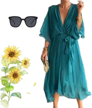Stylish and Elegant V-Neck Tiered Chiffon Maxi Dress, Womens Solid Color Lace Up Long Skirt Bat Sleeve Irregular Dresses