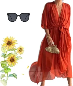 Stylish and Elegant V-Neck Tiered Chiffon Maxi Dress, Womens Solid Color Lace Up Long Skirt Bat Sleeve Irregular Dresses