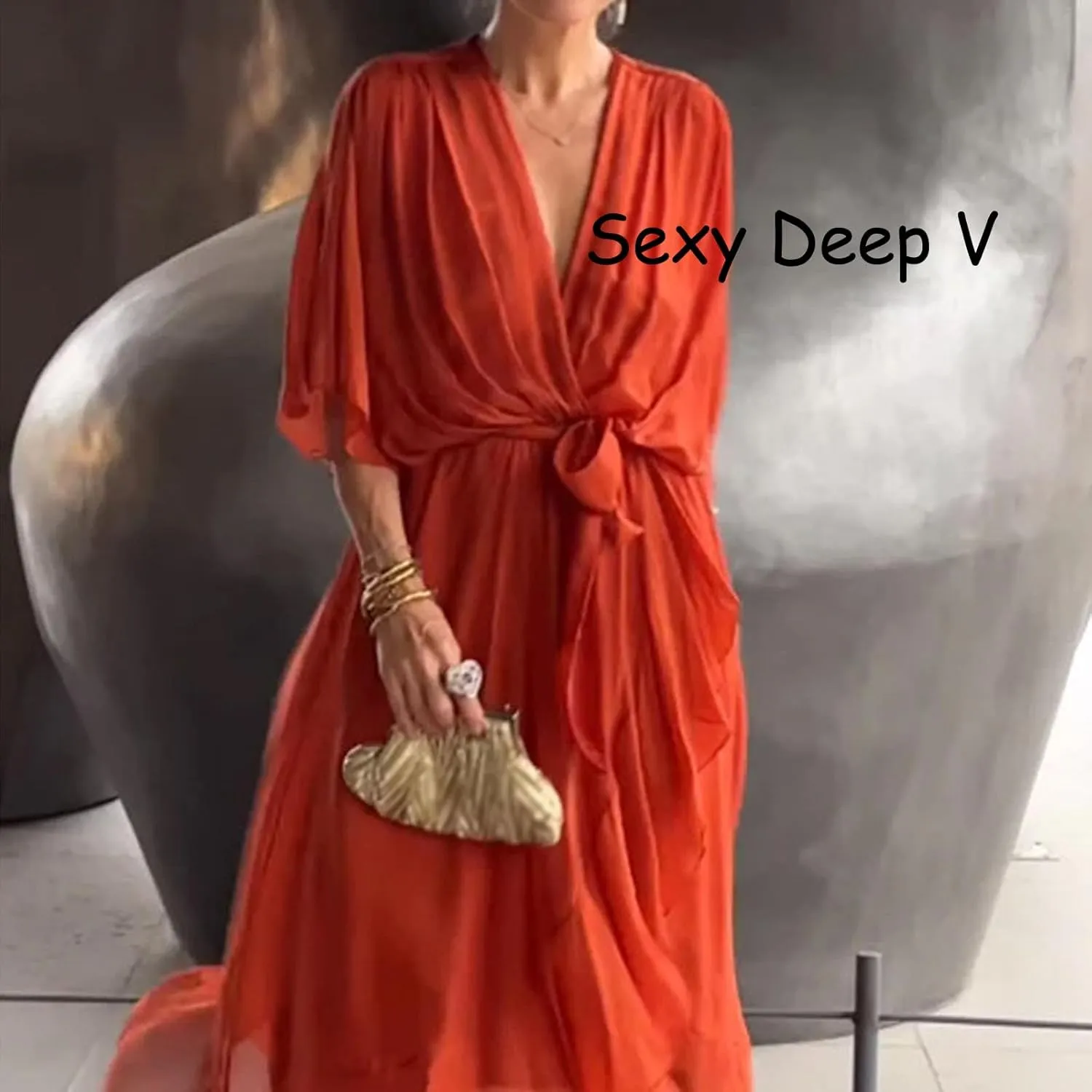 Stylish and Elegant V-Neck Tiered Chiffon Maxi Dress, Womens Solid Color Lace Up Long Skirt Bat Sleeve Irregular Dresses