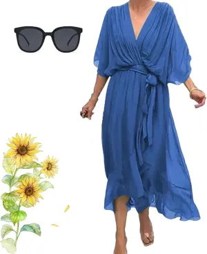 Stylish and Elegant V-Neck Tiered Chiffon Maxi Dress, Womens Solid Color Lace Up Long Skirt Bat Sleeve Irregular Dresses