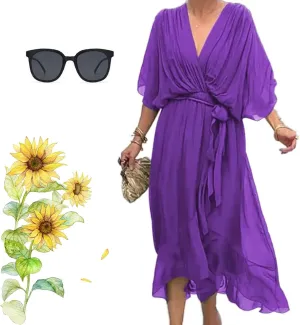 Stylish and Elegant V-Neck Tiered Chiffon Maxi Dress, Womens Solid Color Lace Up Long Skirt Bat Sleeve Irregular Dresses