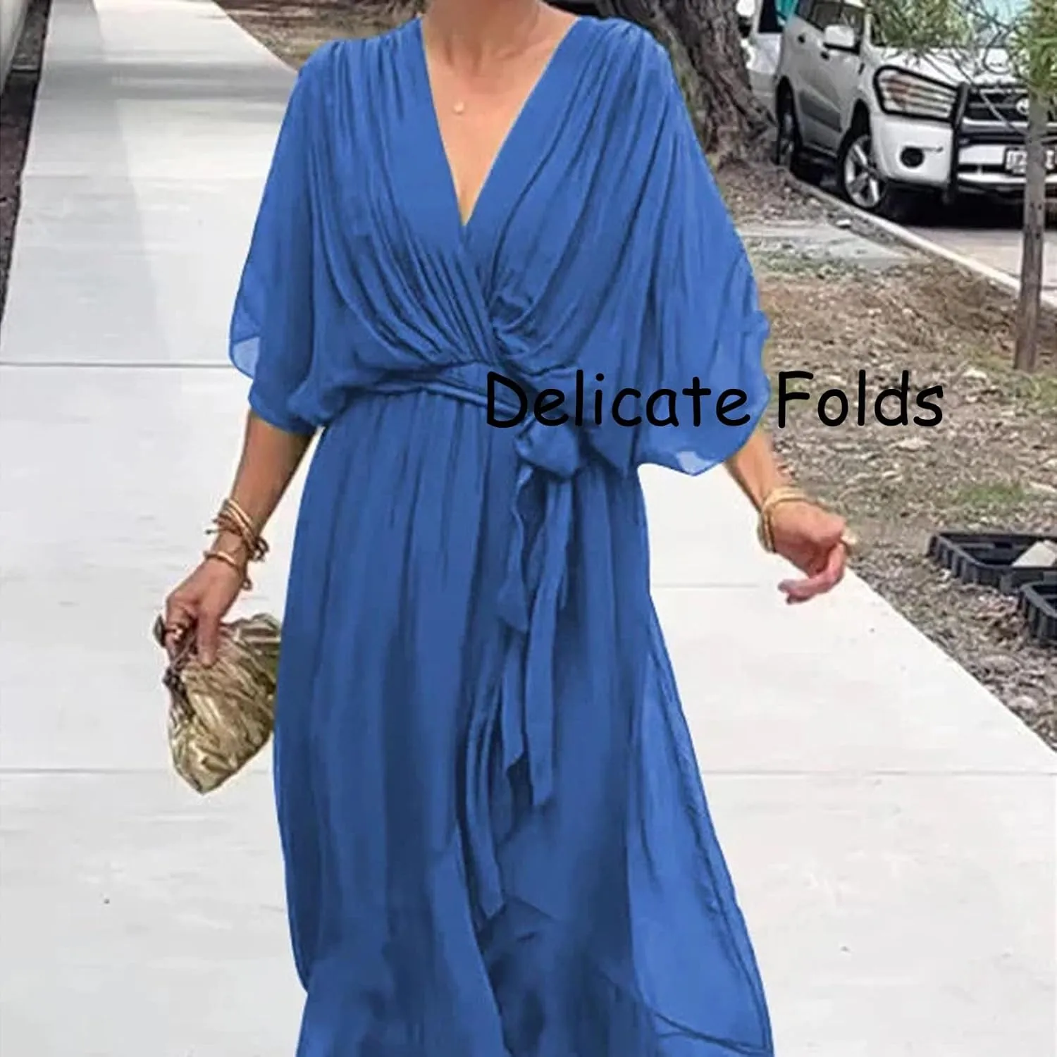 Stylish and Elegant V-Neck Tiered Chiffon Maxi Dress, Womens Solid Color Lace Up Long Skirt Bat Sleeve Irregular Dresses