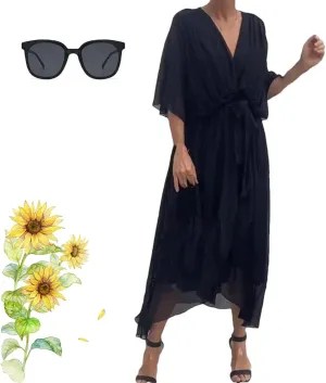Stylish and Elegant V-Neck Tiered Chiffon Maxi Dress, Womens Solid Color Lace Up Long Skirt Bat Sleeve Irregular Dresses