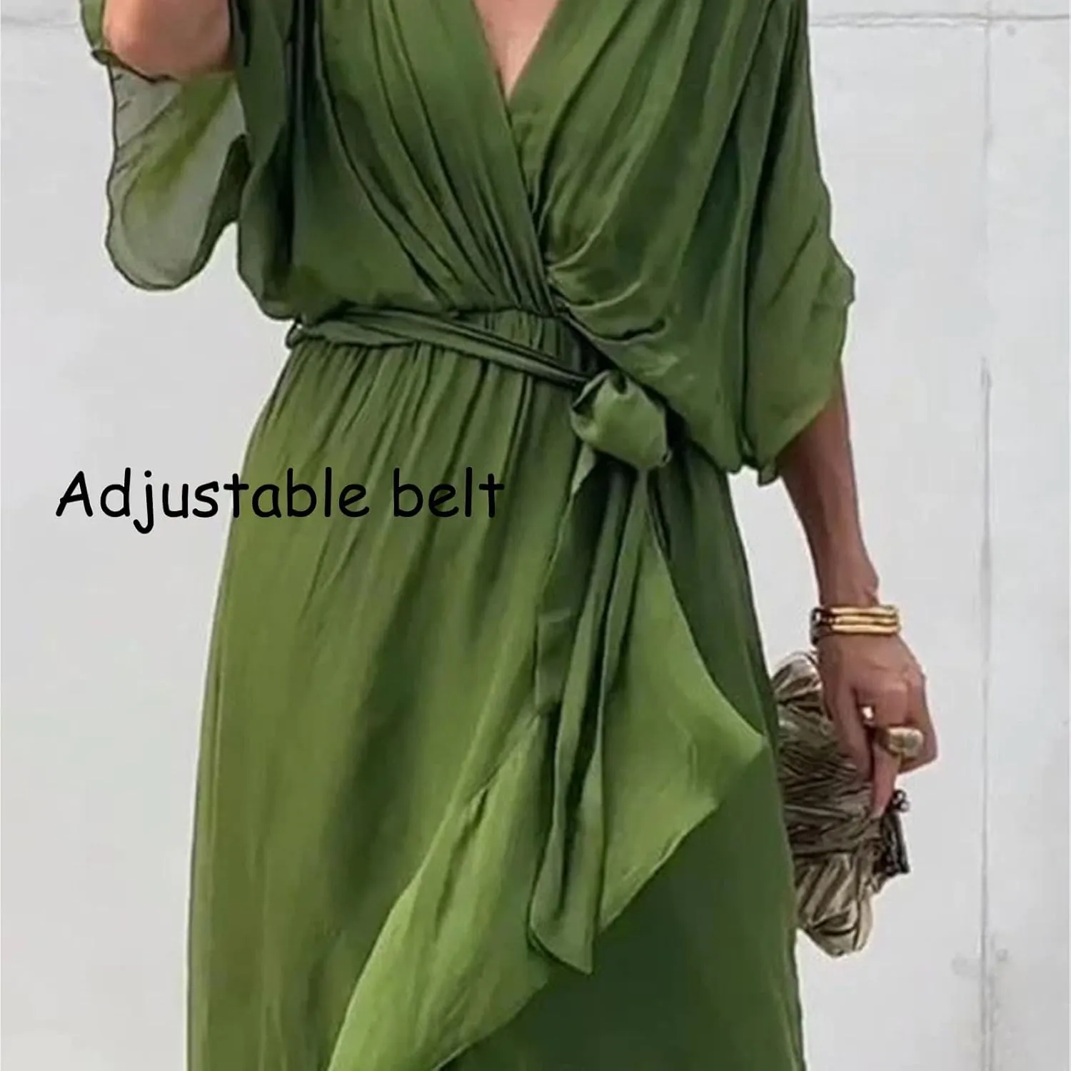 Stylish and Elegant V-Neck Tiered Chiffon Maxi Dress, Womens Solid Color Lace Up Long Skirt Bat Sleeve Irregular Dresses