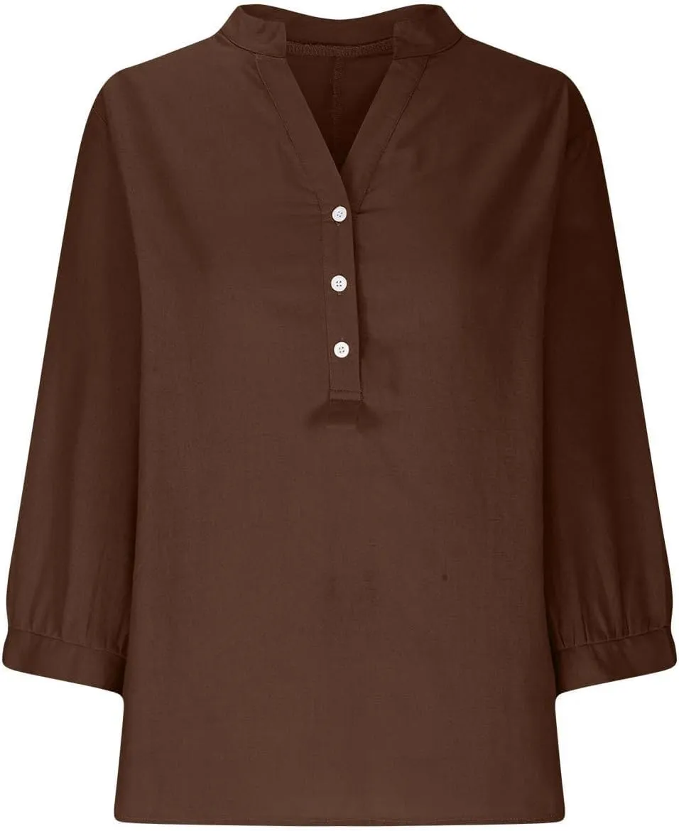 Summer Tops for Women 2025 Trendy V Neck Gauze Plus Size Button Down Shirts Womens 3/4 Sleeve Tops and Blouses