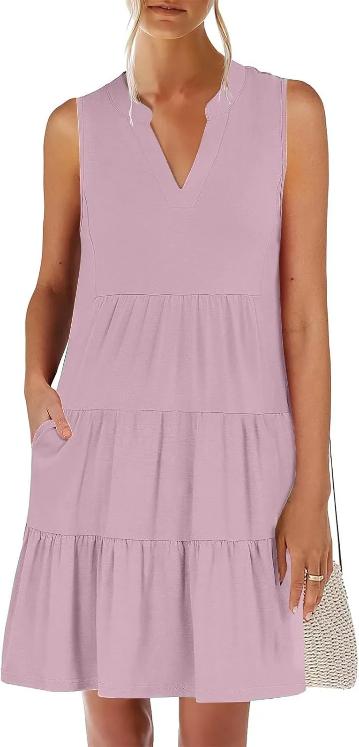 Sundresses for Women 2025 Mini Dress Summer Casual Dresses Sexy Sleeveless V Neck Dress Ruffle Vacation Beach Dresses