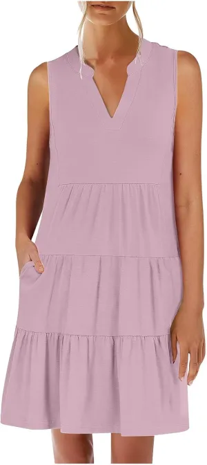 Sundresses for Women 2025 Mini Dress Summer Casual Dresses Sexy Sleeveless V Neck Dress Ruffle Vacation Beach Dresses