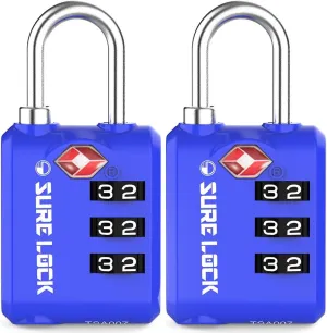 SURE LOCK TSA Approved 3 Digit Luggage Locks With Zinc Alloy Body and Hardened Steel Shackle To Lock Travel Suitcase