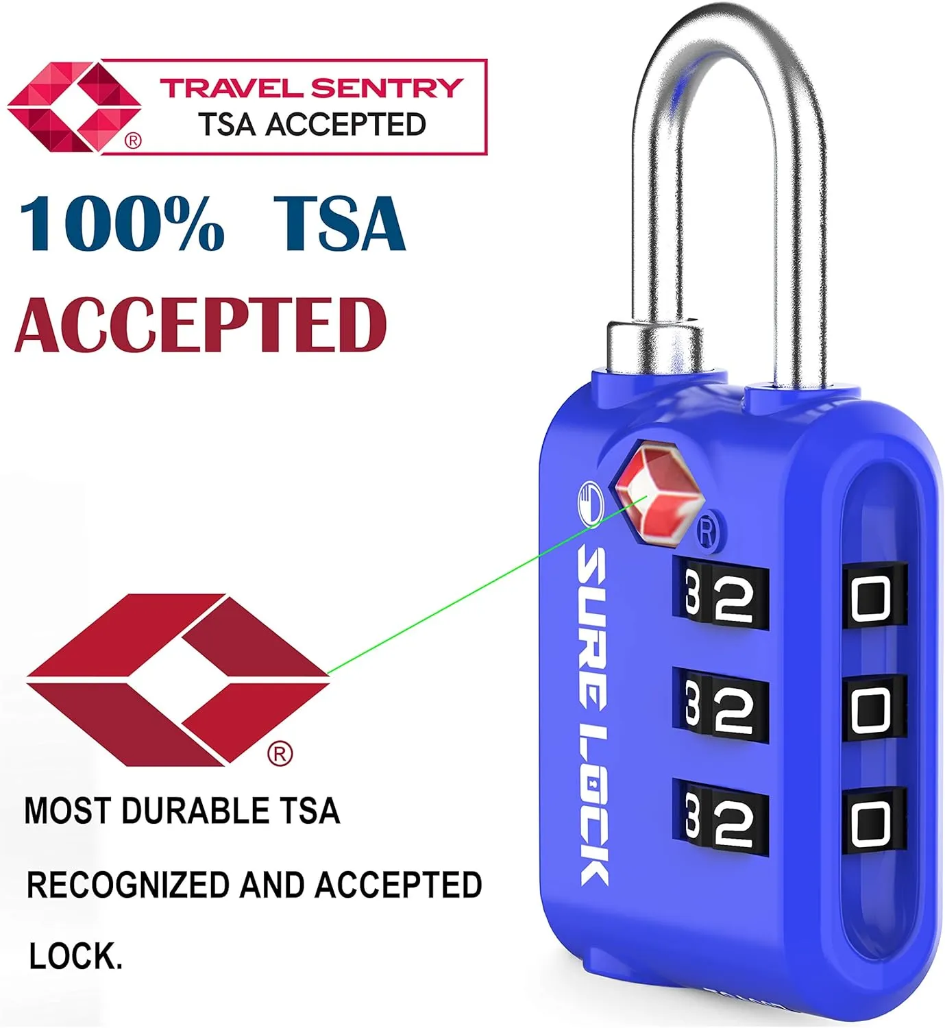 SURE LOCK TSA Approved 3 Digit Luggage Locks With Zinc Alloy Body and Hardened Steel Shackle To Lock Travel Suitcase