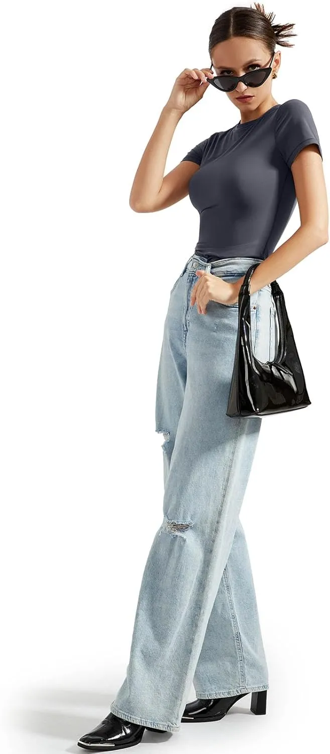 SUUKSESS Women Double Lined Fitted Basic Tee Crew Neck Short Sleeve Y2K Crop Top