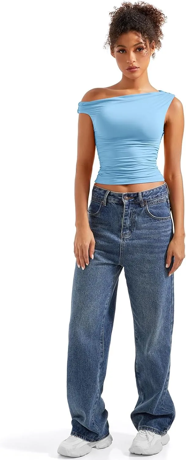 SUUKSESS Women Off Shoulder Tops Sleeveless Shirts Y2K Going Out Crop Tank Top