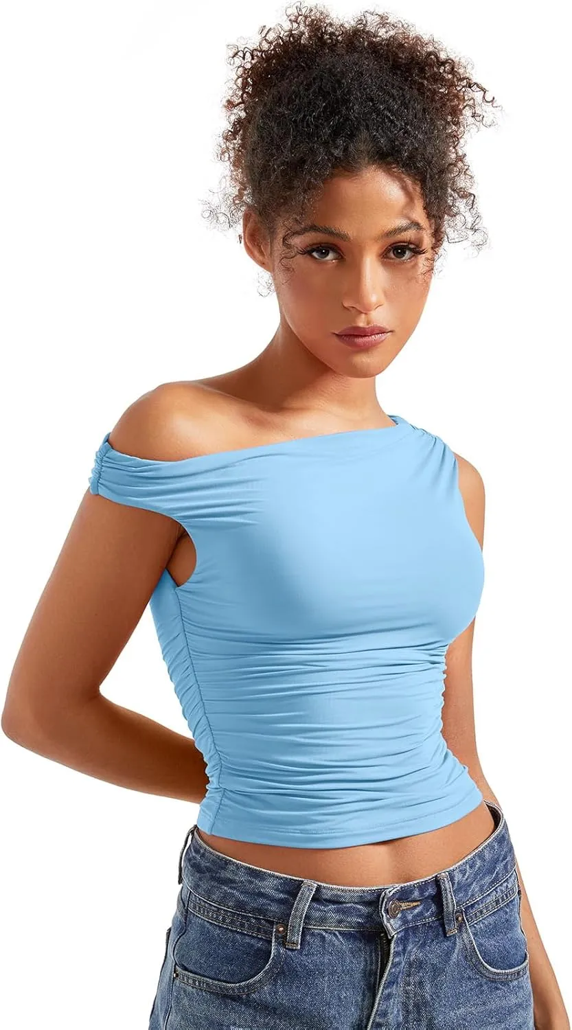 SUUKSESS Women Off Shoulder Tops Sleeveless Shirts Y2K Going Out Crop Tank Top