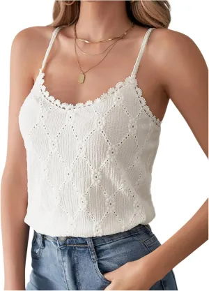 SweatyRocks Women's Lace Sleeveless Tank Tops Scoop Neck Spaghetti Strap Plain Eyelet Camisole Tops