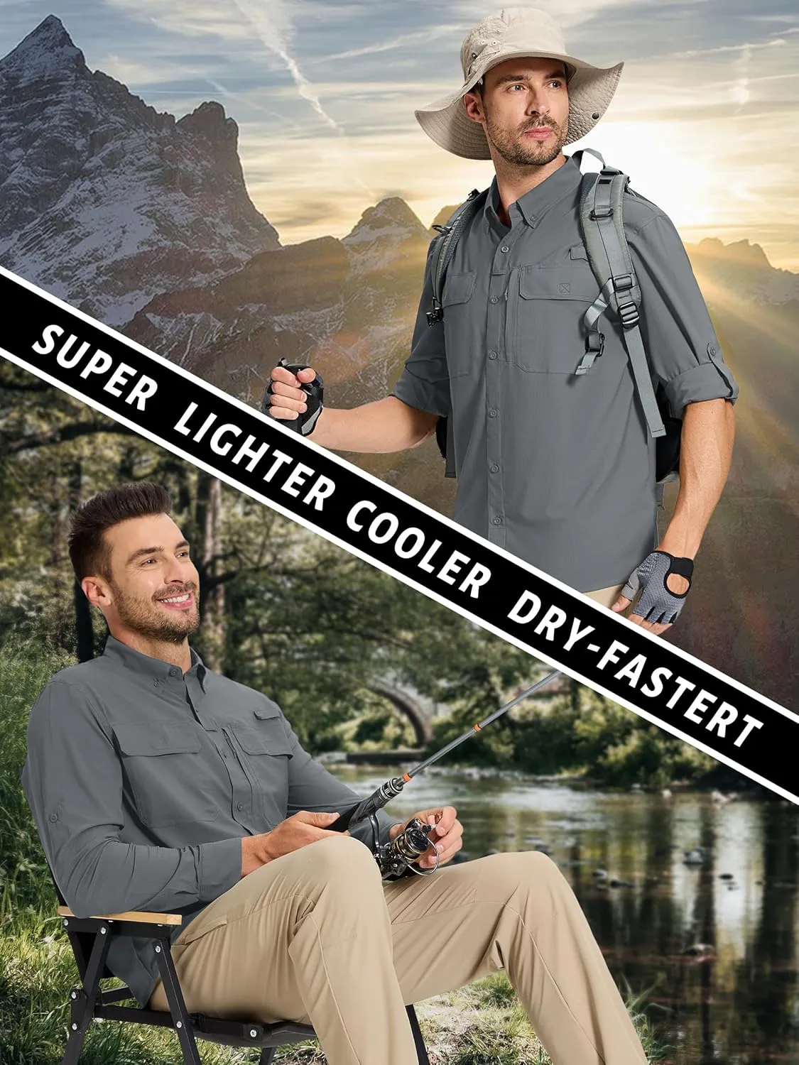 TACVASEN Men's Fishing Shirts Long Sleeve Sun Protection UPF50  Quick Dry Button Down Shirts with Zipper Pockets