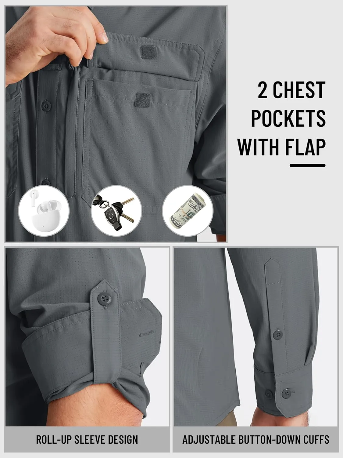 TACVASEN Men's Fishing Shirts Long Sleeve Sun Protection UPF50  Quick Dry Button Down Shirts with Zipper Pockets