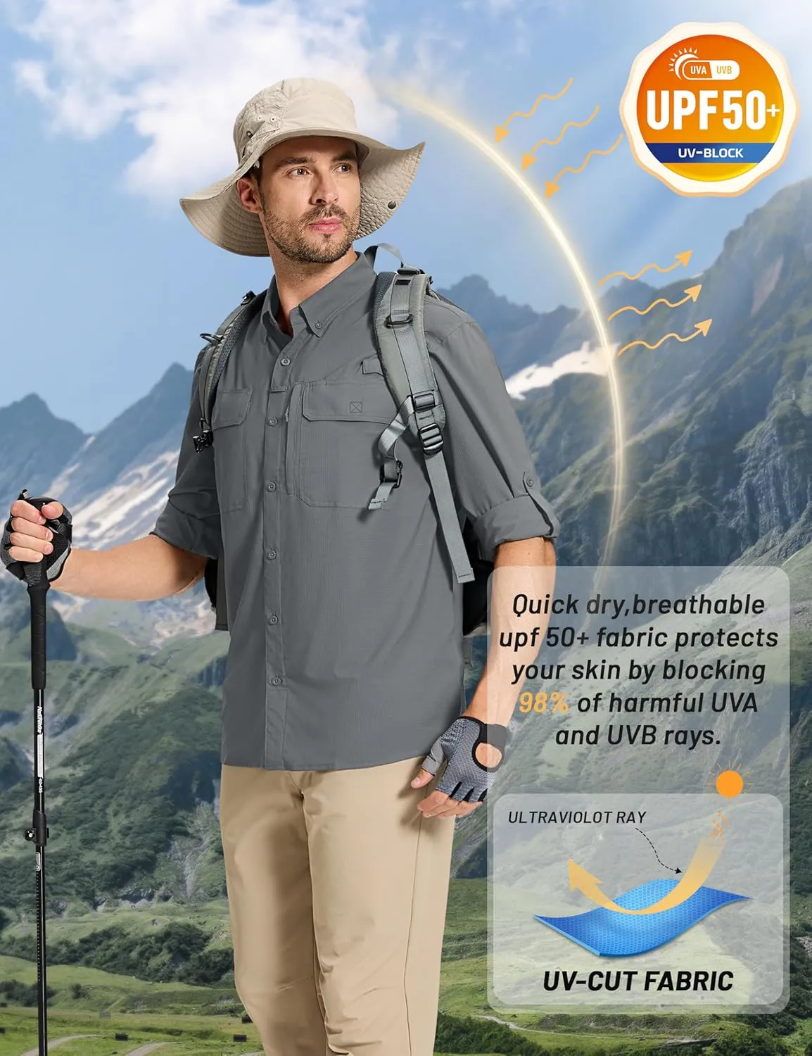 TACVASEN Men's Fishing Shirts Long Sleeve Sun Protection UPF50  Quick Dry Button Down Shirts with Zipper Pockets