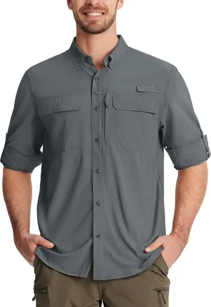 TACVASEN Men's Fishing Shirts Long Sleeve Sun Protection UPF50  Quick Dry Button Down Shirts with Zipper Pockets