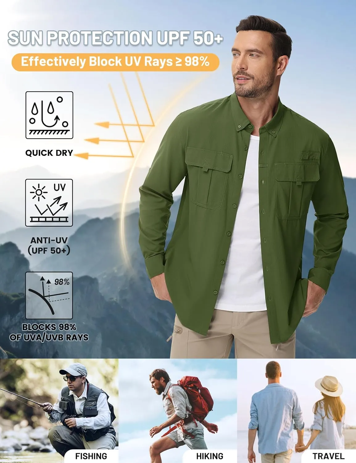TACVASEN Mens Long Sleeve Sun Protection Shirt UPF 50  Quick Dry Fishing Cooling UV Shirts Outdoor Tactical Hiking Shirts