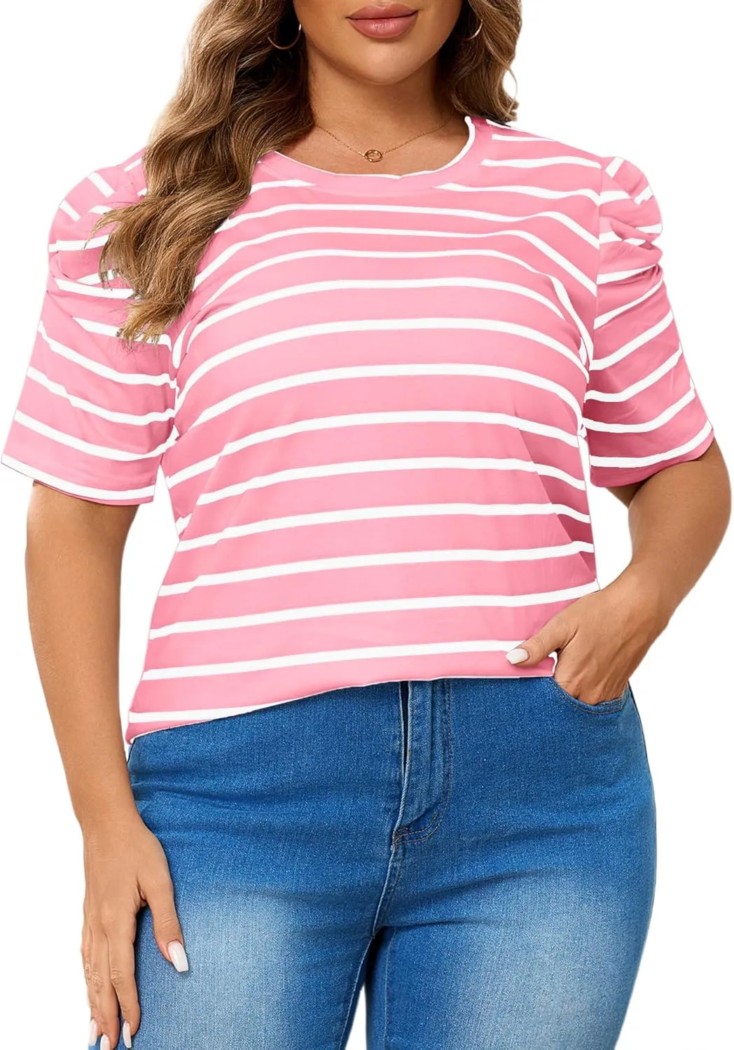 TAKEYAL Women's Plus Size Short Puff Sleeve Tops Trendy Striped Crewneck T Shirts Casual Summer Blouses XL-5XL