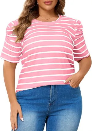 TAKEYAL Women's Plus Size Short Puff Sleeve Tops Trendy Striped Crewneck T Shirts Casual Summer Blouses XL-5XL