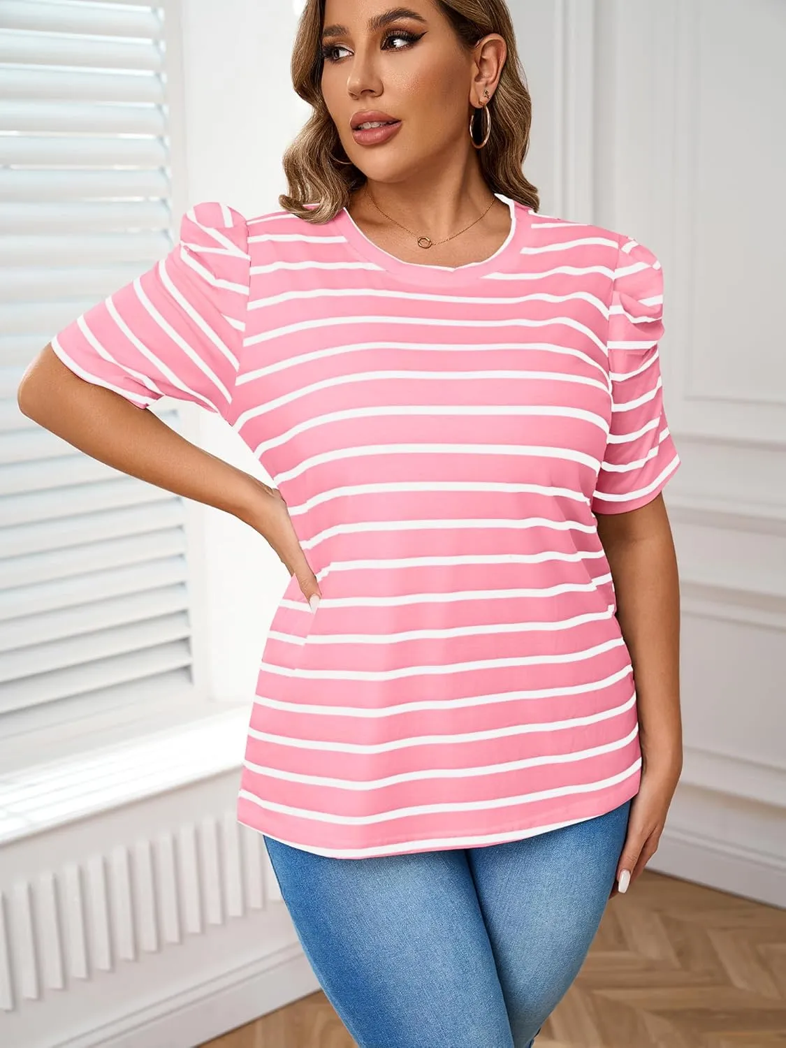 TAKEYAL Women's Plus Size Short Puff Sleeve Tops Trendy Striped Crewneck T Shirts Casual Summer Blouses XL-5XL