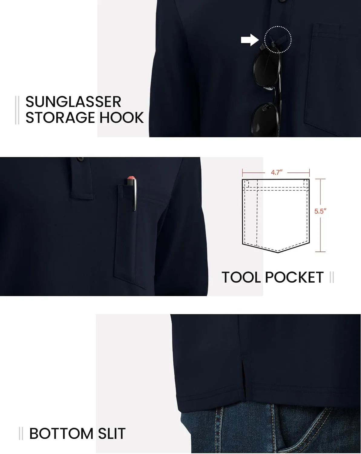 TBMPOY Men's Henley Shirts Golf Long Sleeve Shirts Moisture Wicking Button Loose Fit with Pockets Quick Dry