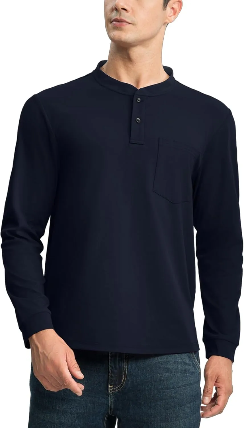 TBMPOY Men's Henley Shirts Golf Long Sleeve Shirts Moisture Wicking Button Loose Fit with Pockets Quick Dry