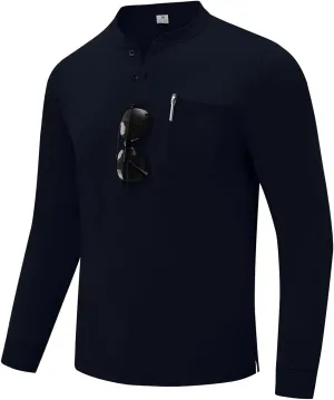 TBMPOY Men's Henley Shirts Golf Long Sleeve Shirts Moisture Wicking Button Loose Fit with Pockets Quick Dry