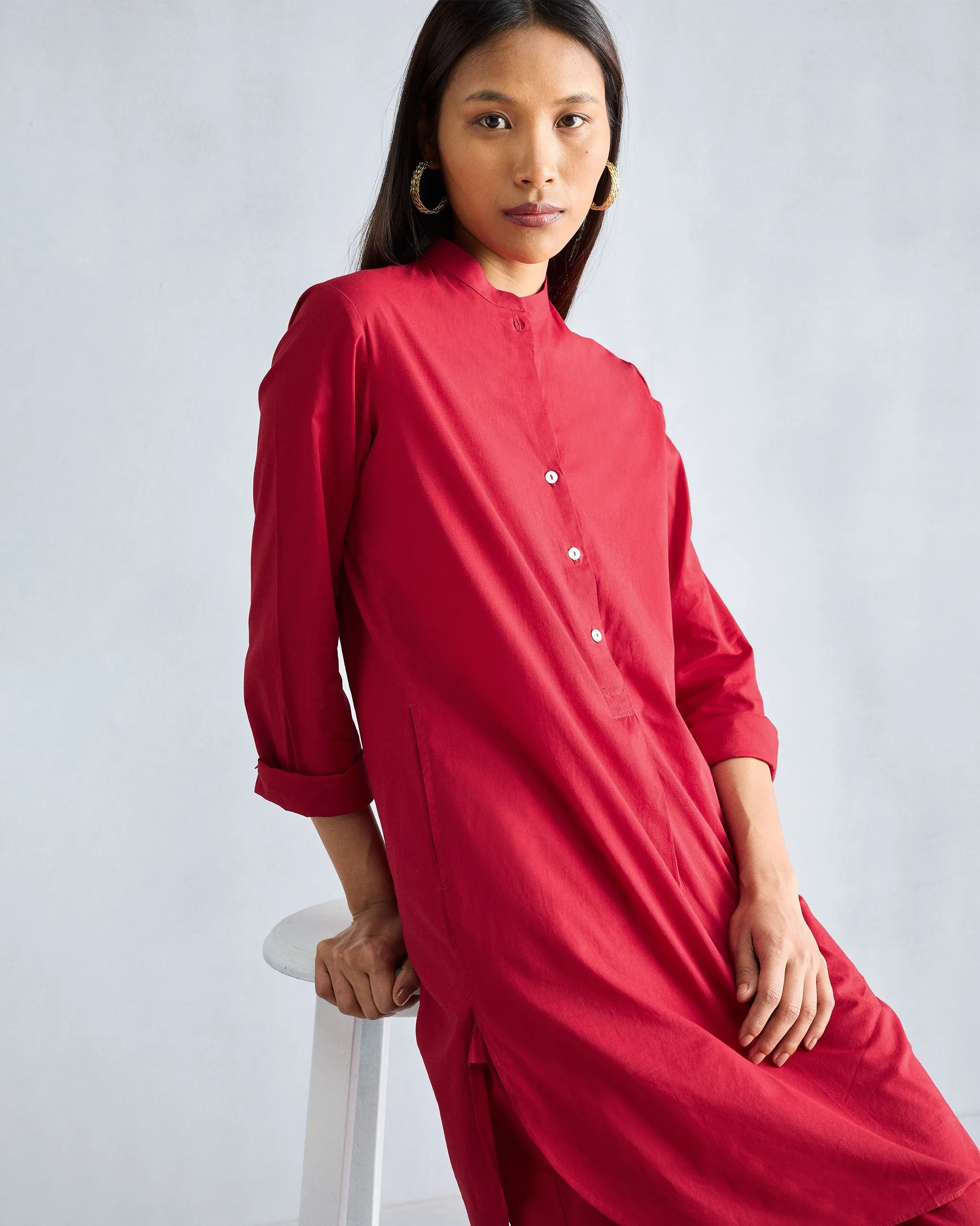 The Basic Mid Length Kurta  Set - Red