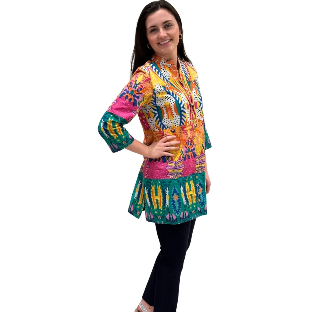 The Delray Button Front Tunic in Multi Colored Print