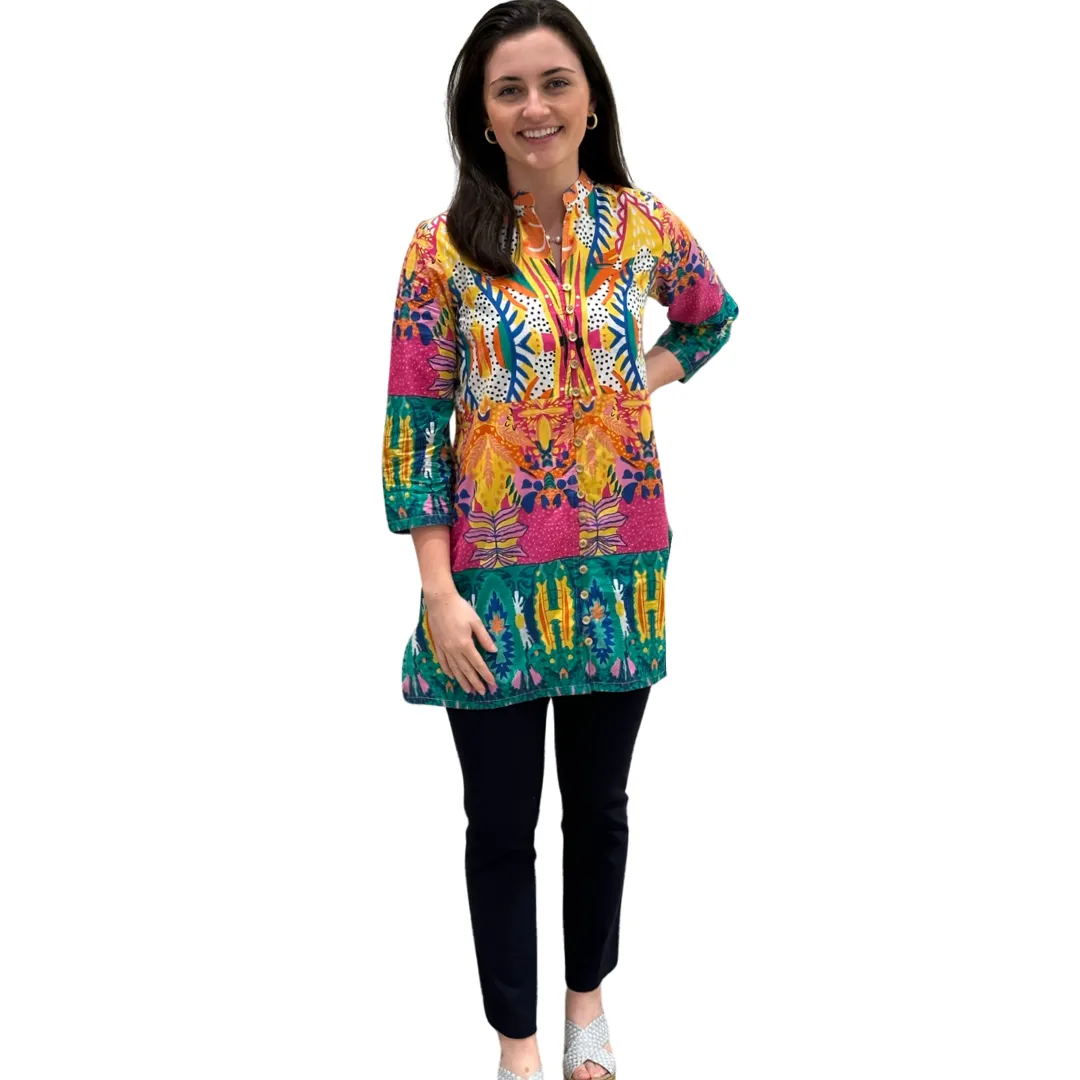 The Delray Button Front Tunic in Multi Colored Print