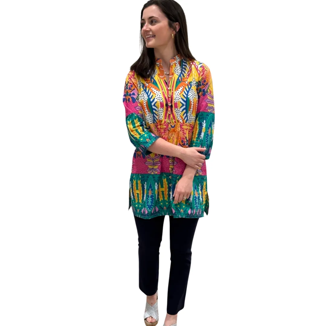 The Delray Button Front Tunic in Multi Colored Print