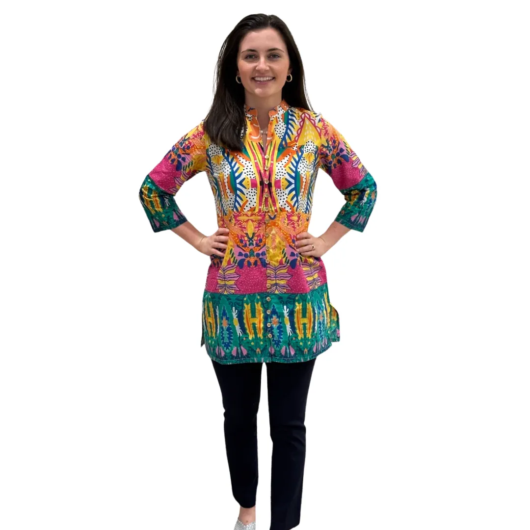 The Delray Button Front Tunic in Multi Colored Print