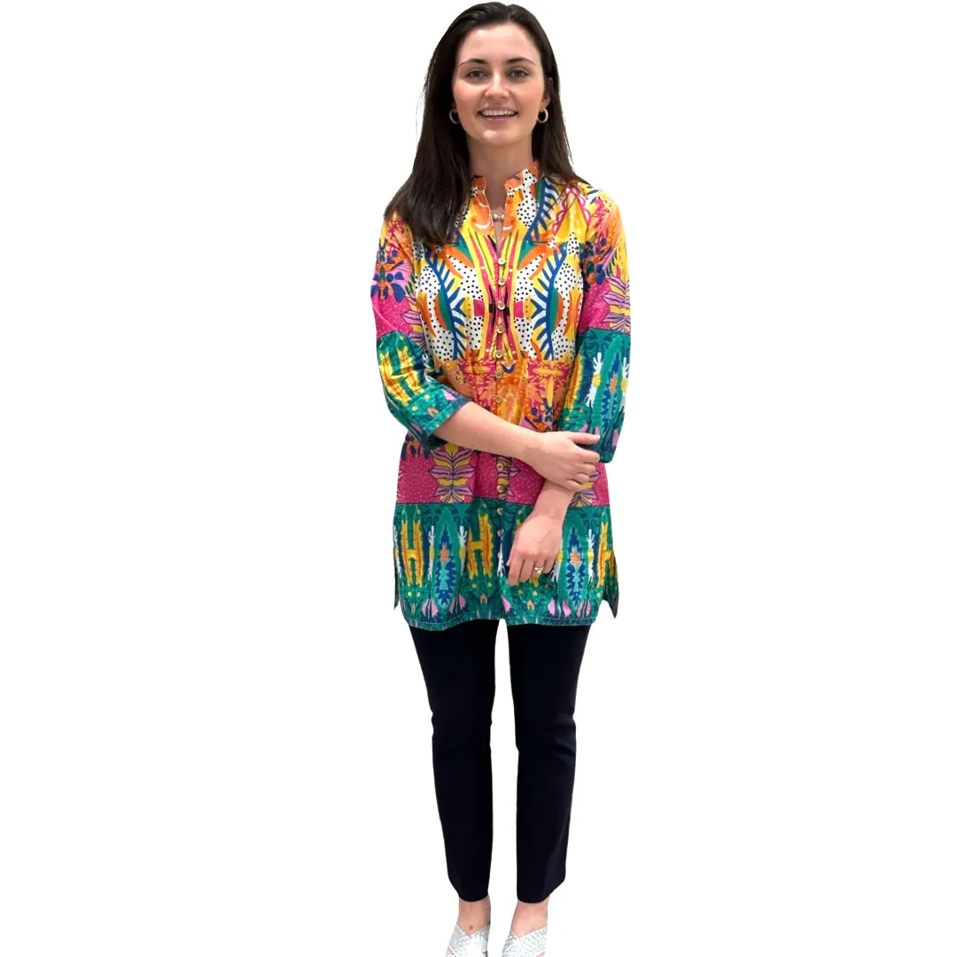 The Delray Button Front Tunic in Multi Colored Print