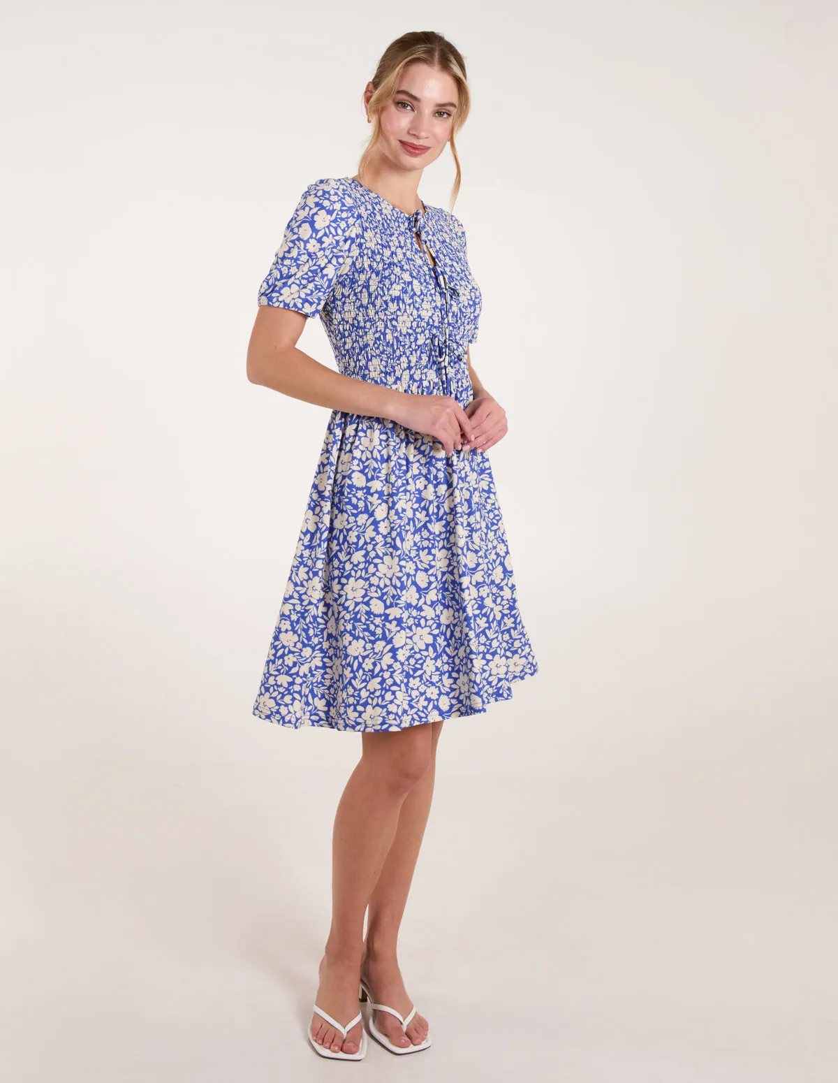 Tie Keyhole Front Puff Sleeve Dress