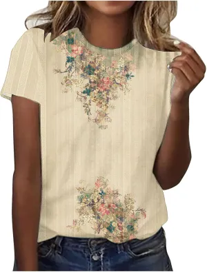 Tops for Women Summer Trendy Vintage Floral Print Short Sleeve T-Shirt Casual Loose Lightweight Pullover Blouses